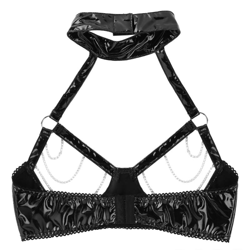 Sexy Crop Tops for Women Erotic Lingerie Wetlook Black PU Leather Latex Bra Hollow Out Bust & Metal Chain Tassel Dance Bras Top