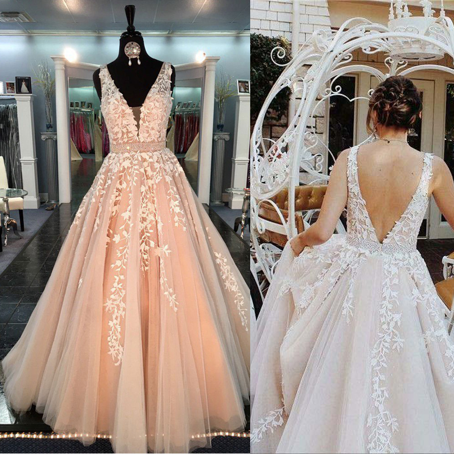 Chic Beautiful Long A-line V neck Applique Wedding Dress Bridal Dresses Beading Sash Peach vestidos de novia
Chic Beautiful Long A-line V neck Applique Wedding Dress Bridal Dresses Beading Sash Peach vestidos de novia