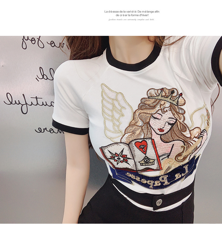 New fashion womens sexy bodycon tunic short sleeve color block cartoon embroidery cotton t-shirt plus size S M L XL