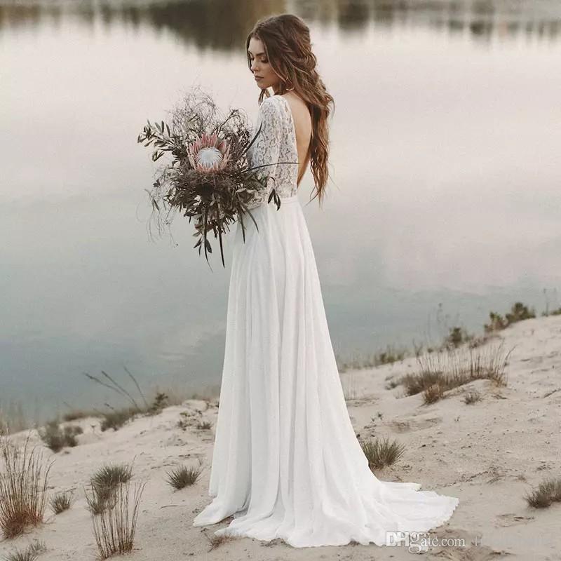 Cheap Country Beach Wedding Dresses 2019 V Neck Full Sleeve Chiffon Low Back Bohemian Bridal Gowns Slim casual Bride Vestidos De Novia