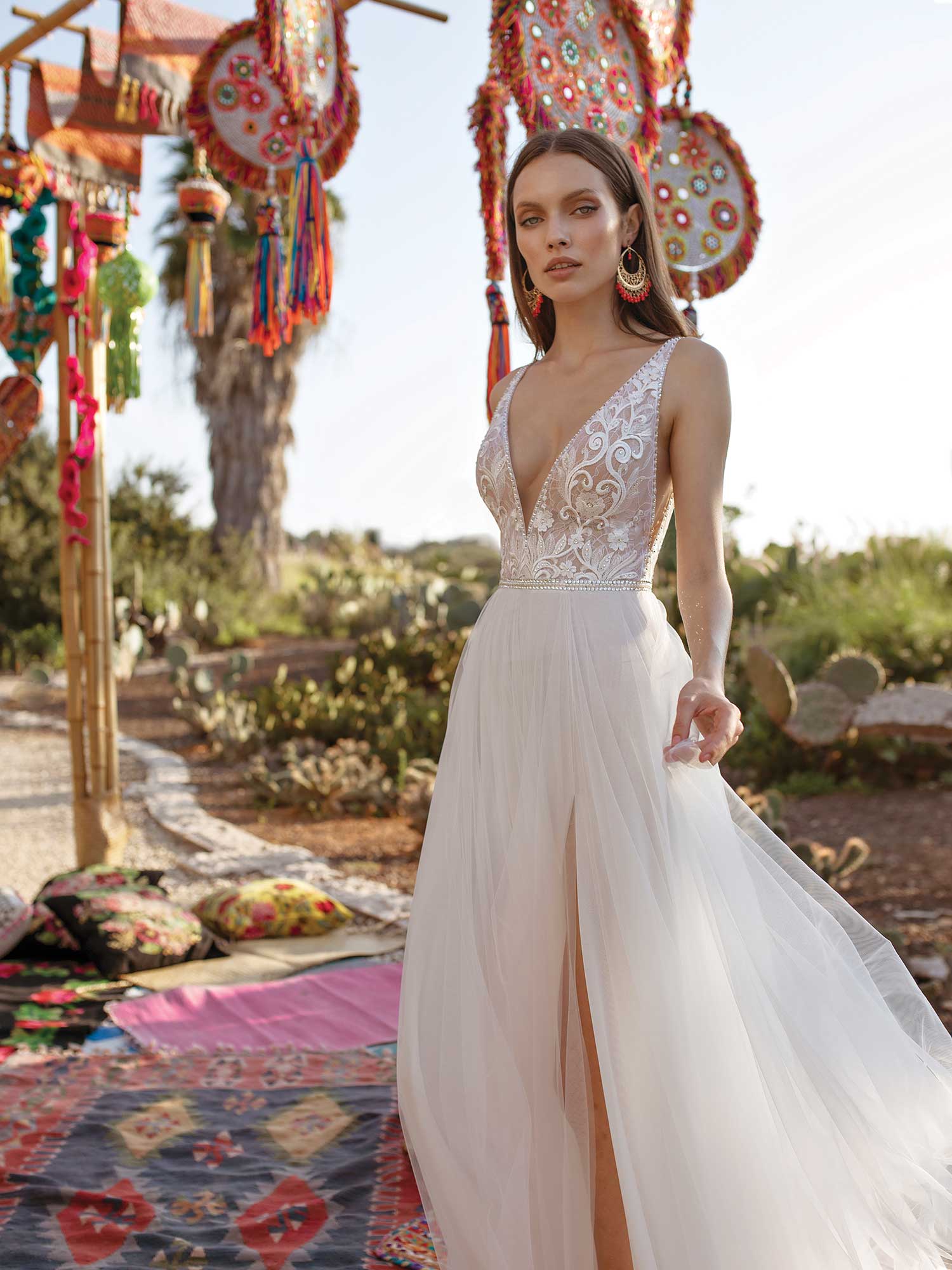 asaf dadush boho wedding dresses high split lace applique beads a line bohemian wedding dress deep v neck backless robes de marie