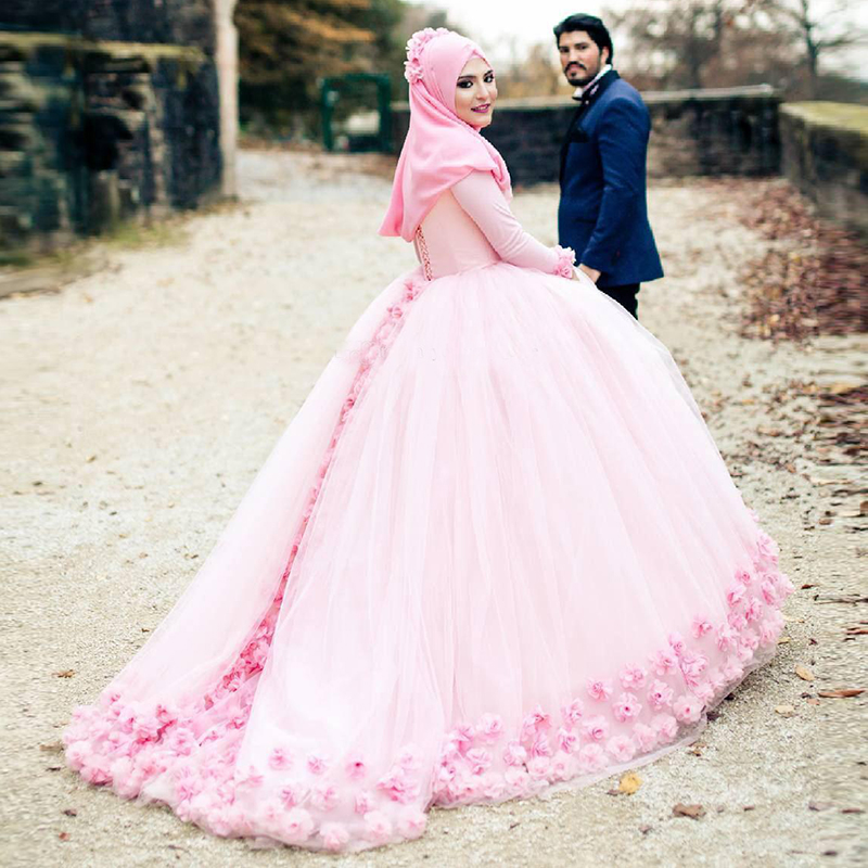 Pink Ball Gown Muslim Wedding Dresses High Neck Long Sleeves Tulle Flowers Lace Back Bandage Wedding Gowns Muslim Bridal Dresses
