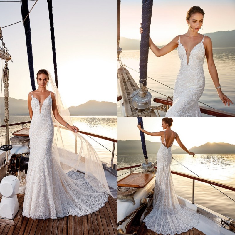 eddy k mermaid wedding dresses lace appliqued spaghetti neck backless bridal gowns full lace trumpet country boho beach wedding dress