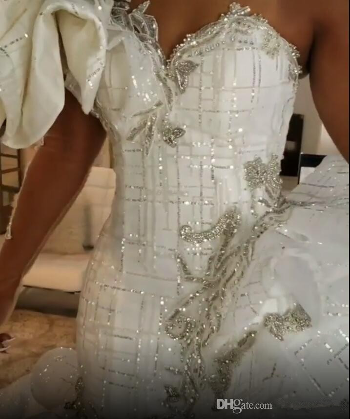 Lace Stylish Sparkly Beaded Crystals Mermaid Bridal Dresses One Shoulder Sexy Wedding Gowns Vestido De Novia