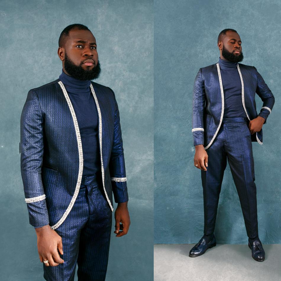 New Shiny Blue Mens Prom Tuxedos Suits White Lapel Groom Wear Jacket Fashion Men Party Clothes