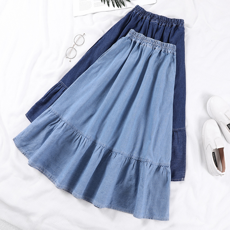 Summer Saia Female A-Line Long Denim Skirt Pockets Women High Waist Midi Jeans Skirts Dark Blue,Light Blue Plus Size Skirt V191202