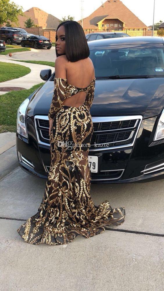 2019 Gold and Black Prom Dresses Sweetheart Sweep Train Long Sleeve Mermaid Evening Dress Appliqued Custom Made Arabic Special Occasion Gown