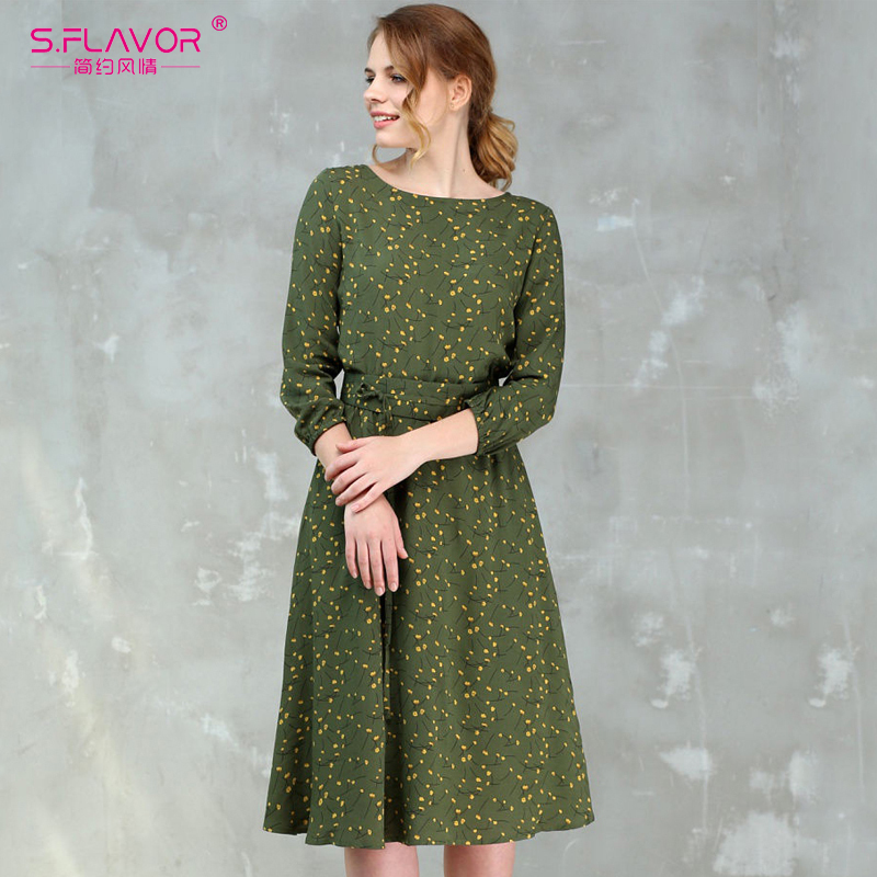 S.flavor Casual Women Spring Summer A-line Dress O-neck Three Quarter Sleeve Knee-length Dress Female Elegant Printing Vestidos Y190514
