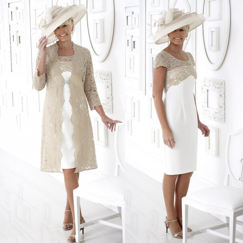 2020 Champagne Mother Of The Bride Dresses With Jacket Knee Length Plus Size Wedding Guest Dress Lace Appliqued Formal Party Gowns
2020 Champagne Mother Of The Bride Dresses With Jacket Knee Length Plus Size Wedding Guest Dress Lace Appliqued Formal Party Gowns