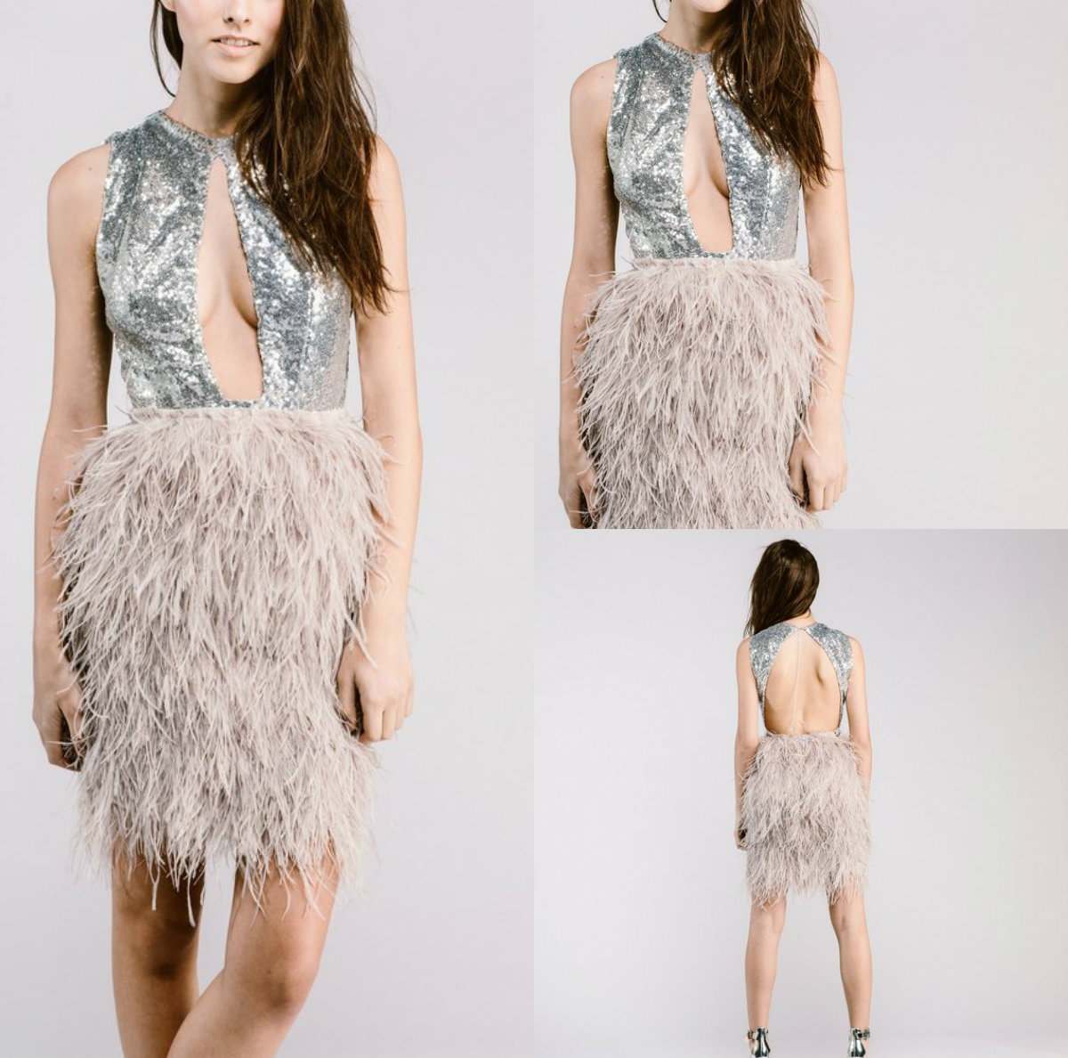 2019 Short Prom Dresses Silver Sequins Knee Length Sexy Backless Jewel Neck Cocktail Dress Luxury Feather Mini Evening Gowns Custom Made