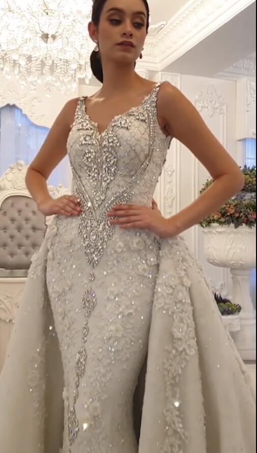Rhinestones Overskirt Mermaid Wedding Dresses Court Train 3D Floral Appliqued Beads Crystal Wedding Dress Detachable Train Robes De Mariée