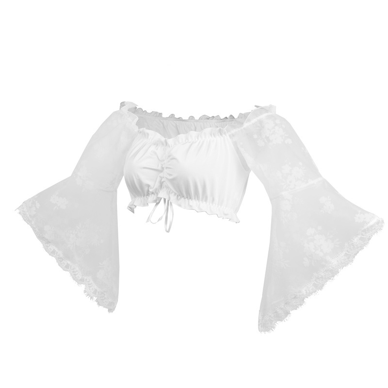 Women Crop Top Plus Size S-6XL Lolita Lace Mesh Rose Floral Half Flare Sleeves Costume Short Corset Top Blouse Shirt Scoop Neck Black White
