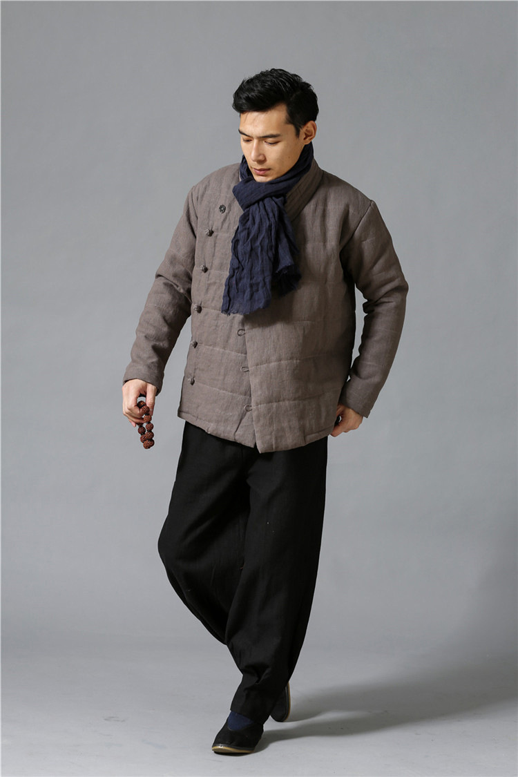 East Asian Vintage Jacket Winter men ramie cotton padded clothes slant lapel Chinese Style Coat Traditional Warm Cotton Linen clothes