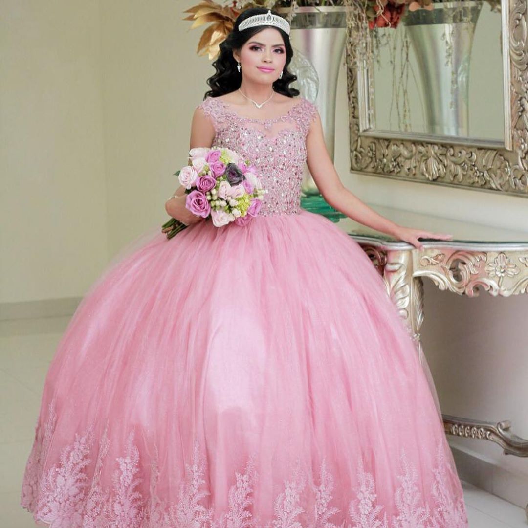 Blush Pink Sexy Sheer Neck Quinceanera Prom Dresses Lace Beaded Crystals Ball Gown Evening Party Sweet 16 Dress ZJ107