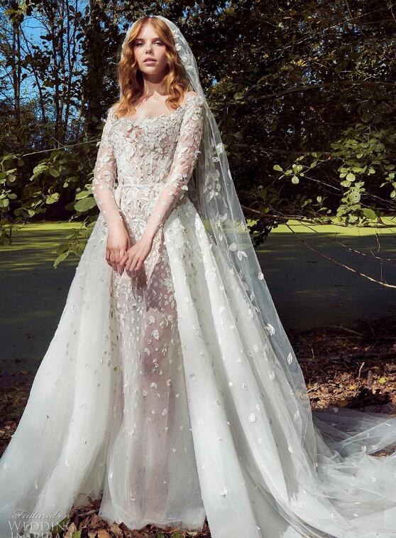 Zuhair Murad Vintage Wedding Dresses With Detachable Train 2019 Long Sleeve Lace Applique Sexy Bridal Gowns robe de mariée