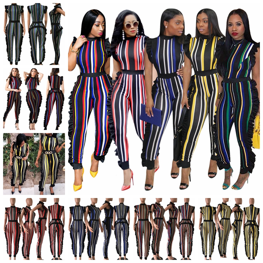 Jumpsuits fashion trend classic striped wooden ear trim Slim collar casual street jumpsuit support mixed batch