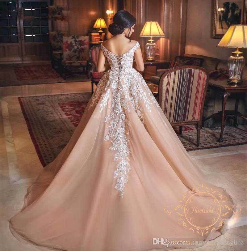 Champagne Plus Size A Line Dresses Off Shoulder Lace Applique Pleats Floor Length Wedding Dress Bridal Gowns Vestidos De Noiva