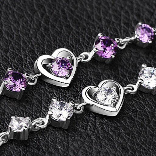 Fashion- jewelry 925 sterling silver plated bracelets purple crystal heart bracelets lovely for women hot fashion