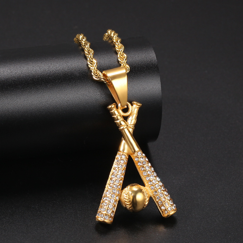 Hip Hop Stainless Steel Baseball Pendant Necklace Sports Fitness Jewelry 18k Real Gold Plated White Zircon