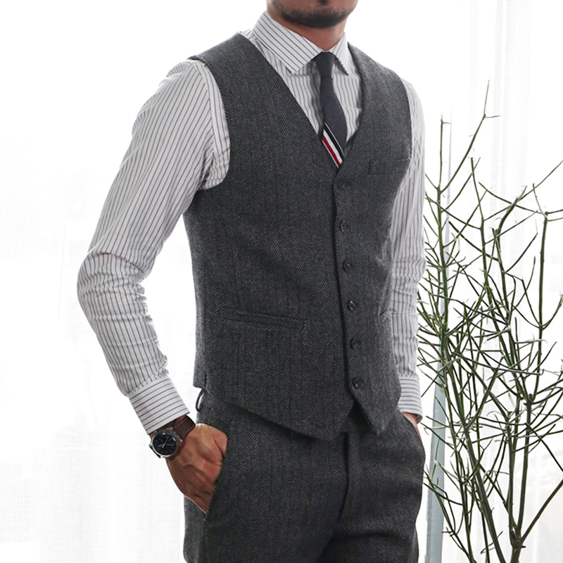 2020 New Wool Groom Vests For Rustic Wedding Party Vests Slim Fit Mens Vests Custom Made Plus Size British Style Groom Wear Business Suit
