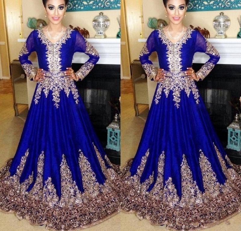 In Dubai Muslim Royal Blue Dress Islamic Abaya Lace Embroidery Long Sleeves Arabic Prom Evening Dresses Moroccan Kaftan