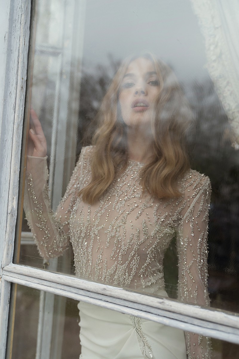 Il Dror Mermaid Dresses Illusion Bodice Beaded Sequins Sweep Train Satin Long Sleeve Lace Bridal Gowns Plus Size Wedding Dress
