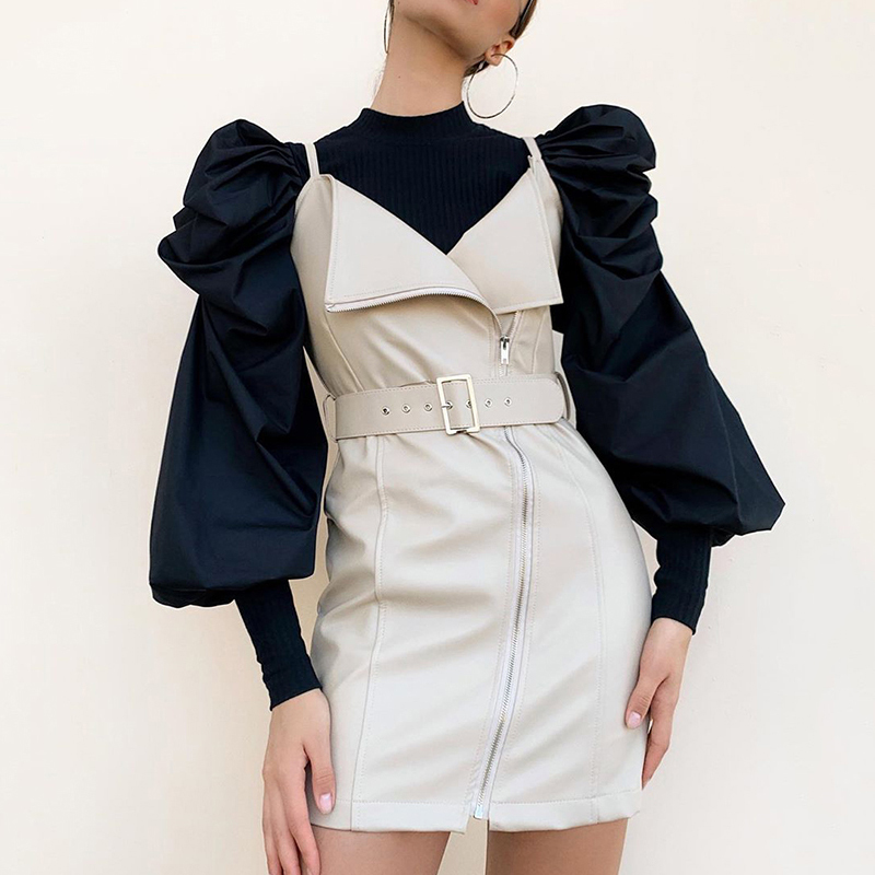 TWOTWINSTYLE Causal Patchwork Knitting Ruched Women's Sweaters O Neck Lantern Long Sleeve Sweater For Female Fashion Clothes New LY191225