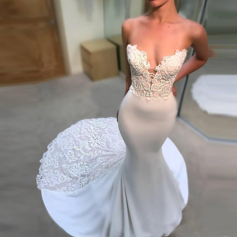 Sweetheart Slim Lace Appliques Mermaid Wedding Dresses Long Sexy Backless Petite Garden Spring Bridal Gowns Cheap Long