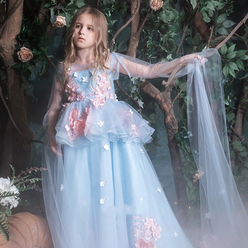 2019 Flower Girl Dress Ball Gown Girls Formal Dresses Sheer Jewel Neck 3d Flowers Floor Length Long First Communion Dresses Little Girls