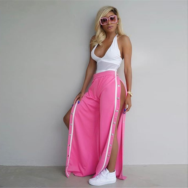 Sweatpants Women Wide Leg Pants Palazzo Long Snap Capris Ladies Casual Loose Side Split Bohemian Bottom Sexy Button Trousers Y19070101