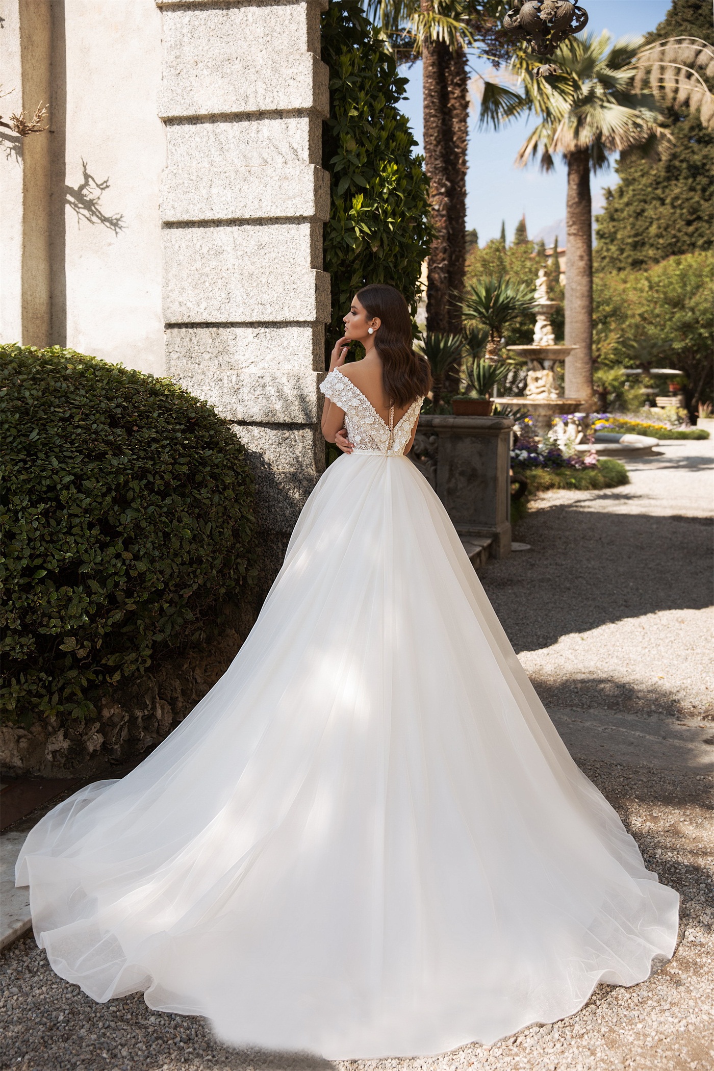 floral wedding dress a line appliqued lace hand made flower offshoulder sleeveless bridal dress court train satin robes de marie