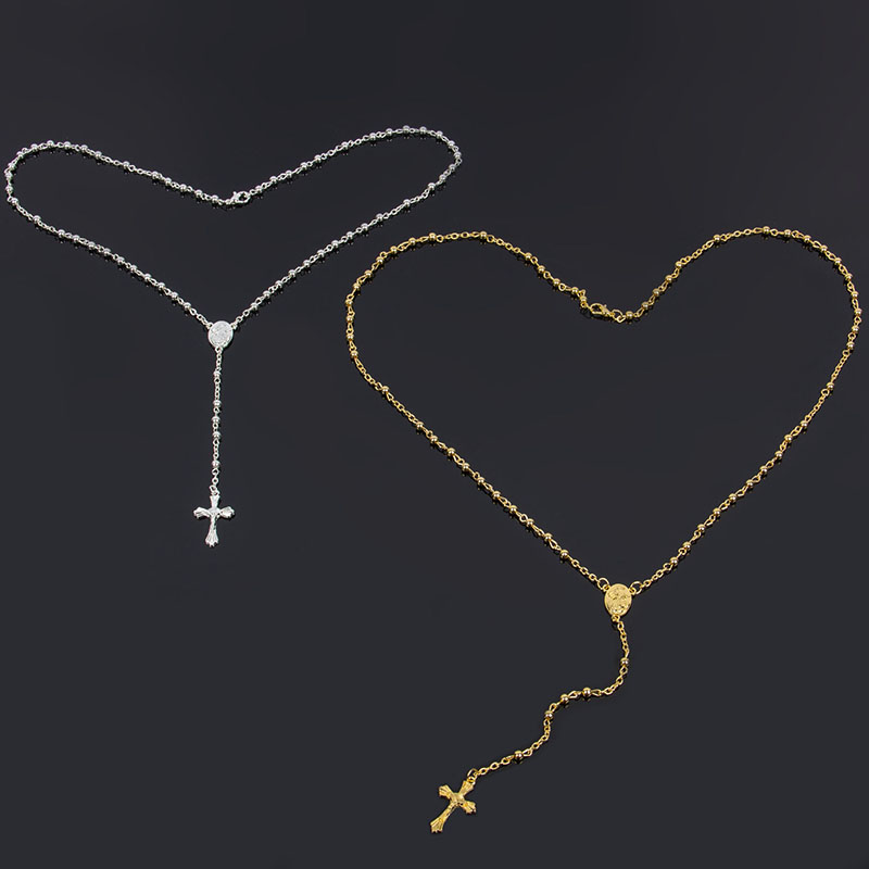 Gold Beads Rosary Blessed Goddess Pendant Necklace Hip Hop Golden Cross Jesus Necklace Christian Catholic Religious Jewelry