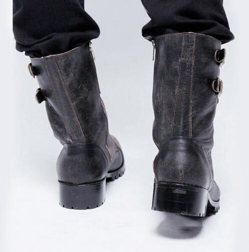 Winter Boots Men Cowboy Leather Shoes Men Big Size Boots Zipper Round Toe Motorcycle 2019