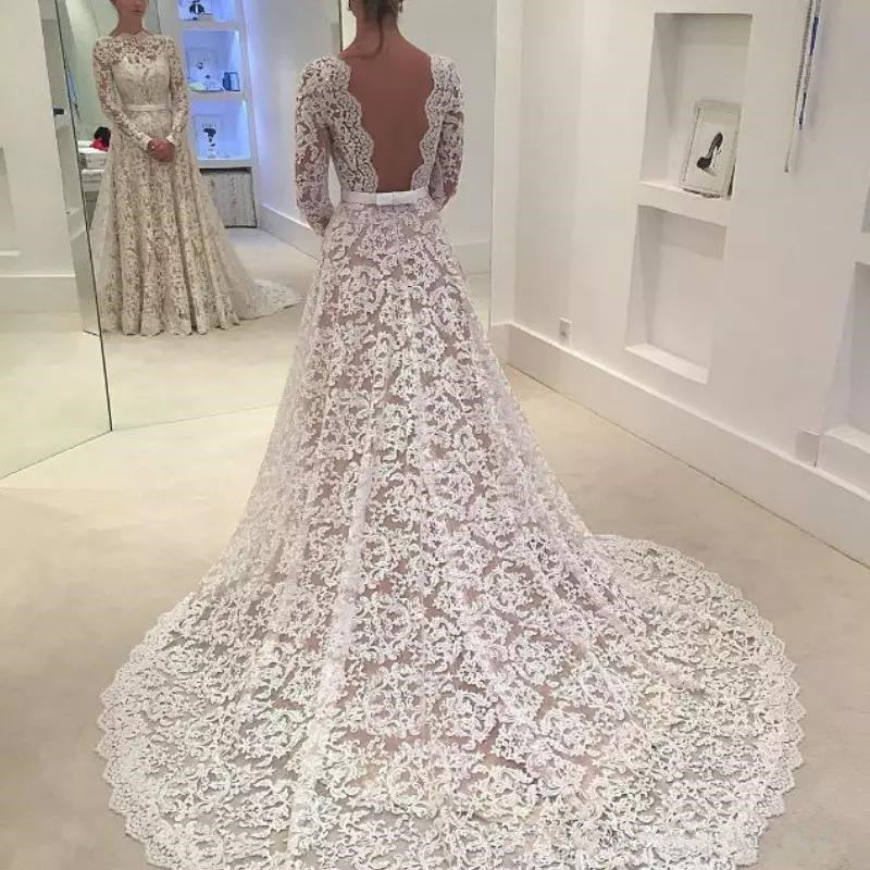 Long Sleeve Lace Wedding Dresses Vestido De Noiva Renda 2019 New Sexy Backless Wedding Dress For Fall