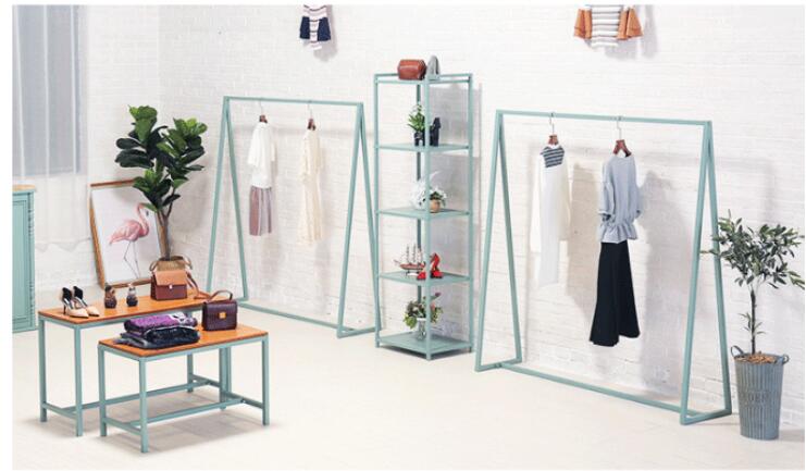 Blue floor hanger Commercial Furniture Landing style cloth store in the island shelf bale window display rack women's clothing hanging racks