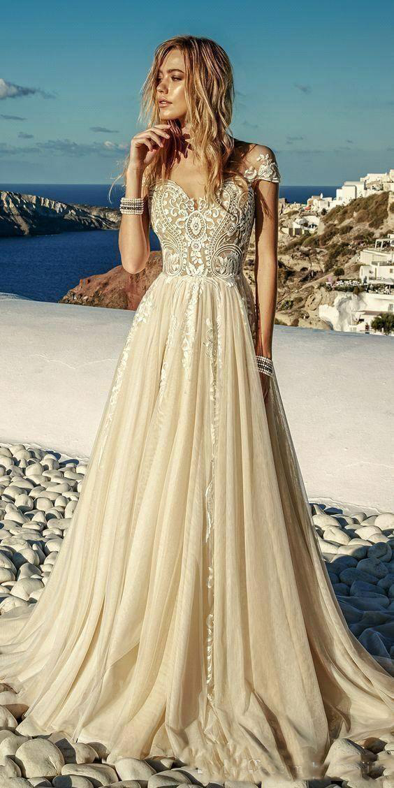 Summer Light Champagne Wedding Gowns 2022 Boho Beach Chiffon Lace A Line Appliques Long Bridal Dresses Robe de mariee