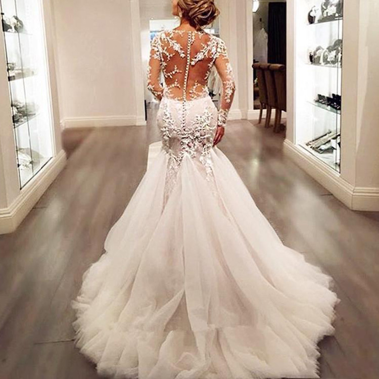 Sexy Backless Mermaid Wedding Dresses Sheer V Neck Long Sleeves Sweep Train Plus Size Bridal Gowns Custom Made Vestido De Novia