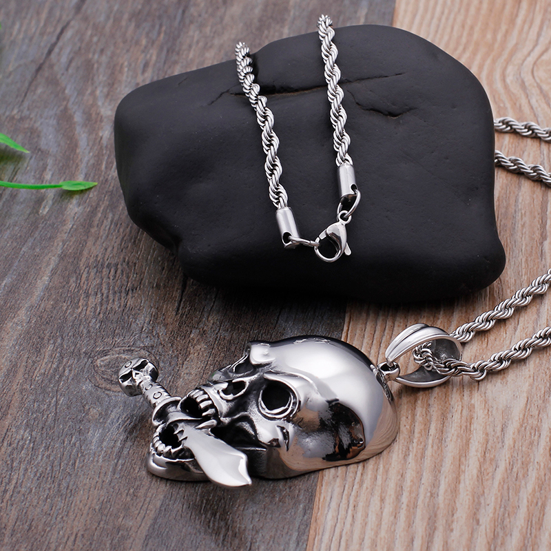 Skeleton Skull Knife Pendants Necklace Cool Men Punk Hip Hop 316L Stainless Steel New Fashion Casting Jewelry