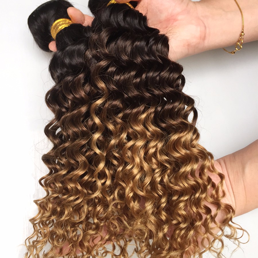Ombre Deep Wave Brazilian Hair Weave Bundles T1B/4/27 Human Hair Three Tone Remy Hair Weft