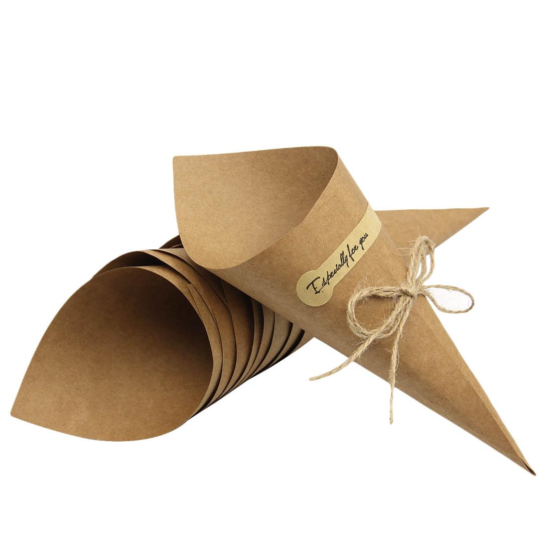 Behogar 100 PCS Retro Kraft Paper Cones Bouquet Candy Bags Boxes Wedding Party Gifts Packing with Ropes Label