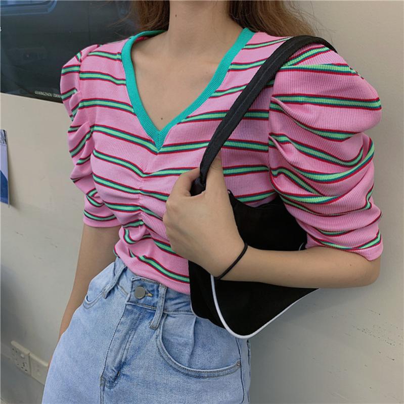 2020 Summer Vintage Design Women Tops Sweaters Pullovers Puff Sleeve Contrast Striped Sweet Girls Shirts V-Neck Comfort Clothing, Pink
2020 Summer Vintage Design Women Tops Sweaters Pullovers Puff Sleeve Contrast Striped Sweet Girls Shirts V-Neck Comfort Clothing, Pink