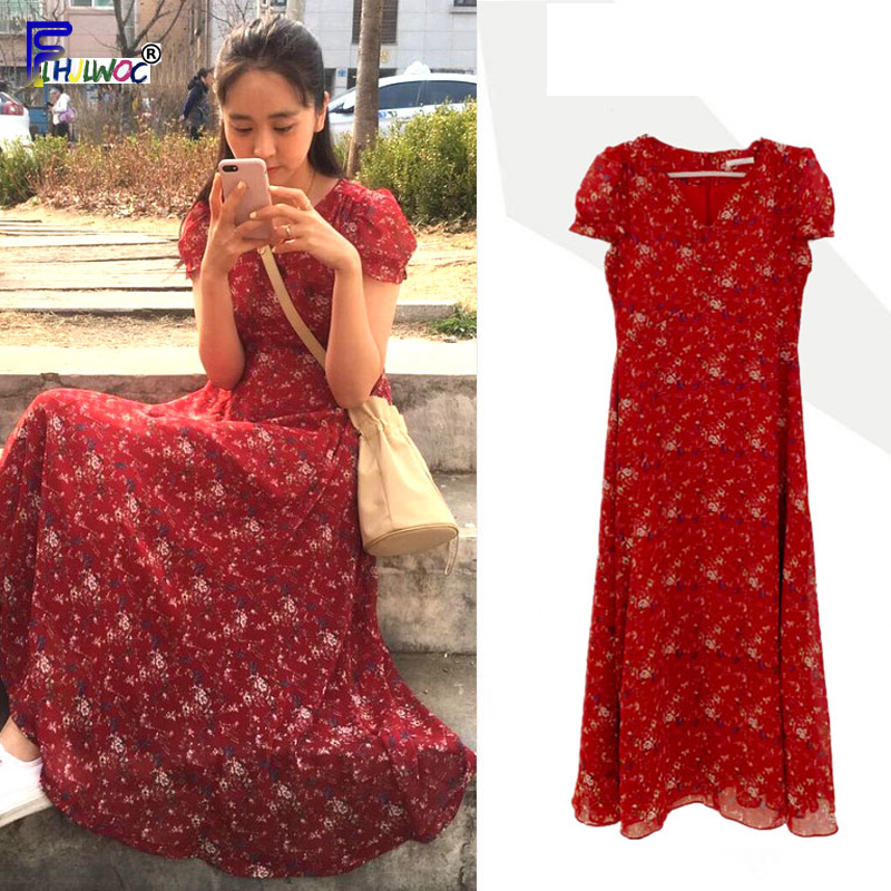 Chiffon Dresses Women Summer Korean Style Clothes Short Sleeve A Line Red Floral Printed Vintage Cute Dress Long
Chiffon Dresses Women Summer Korean Style Clothes Short Sleeve A Line Red Floral Printed Vintage Cute Dress Long