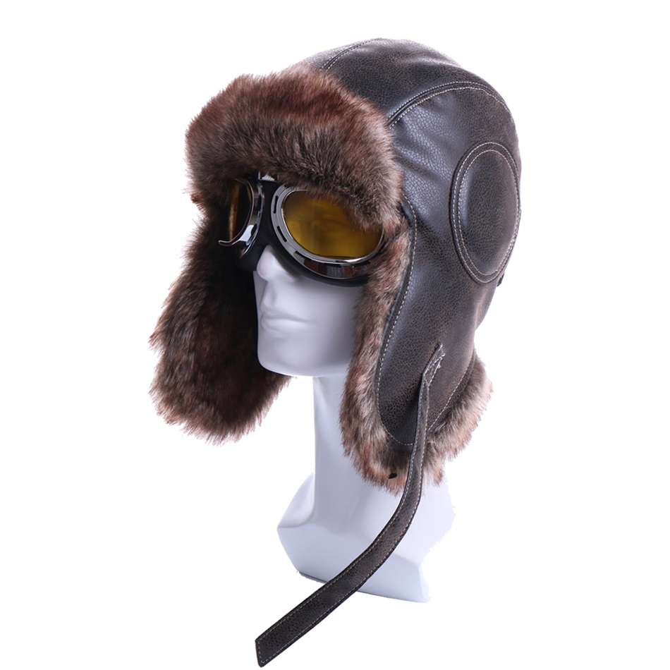 Winter Bomber Hats Plush Earflap Russian Ushanka with Goggles Men Women's Trapper Aviator Pilot Hat Faux Leather Fur Snow Caps D19011503