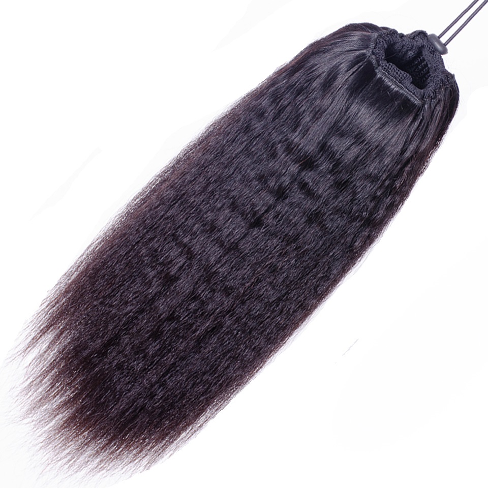 Natural African Girl Kinky Straight Human Hair Drawstring Ponytail Clip In Hair Extensions Natural Color Puff Ponytail Products color 1b