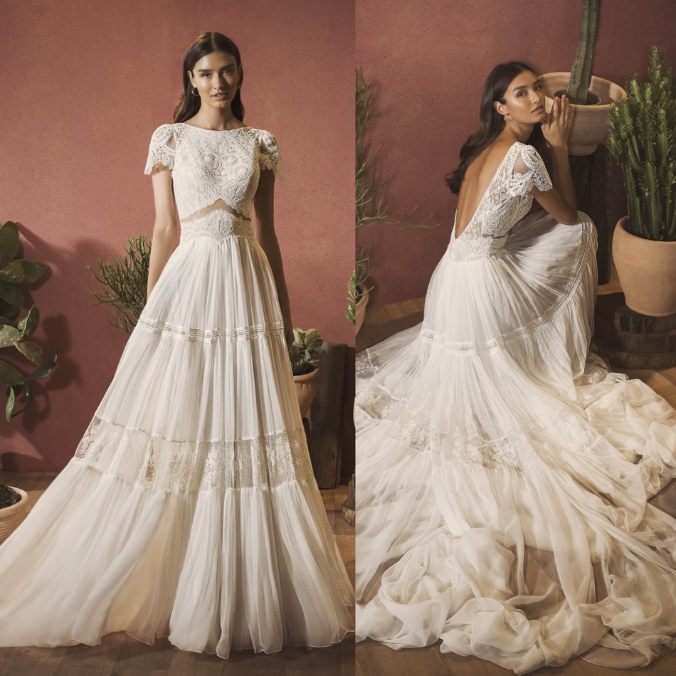 Vintage Bohemian Backless Dresses Short Sleeve Lace Appliqued Boho Chiffon Bridal Gowns A e Wedding Dress