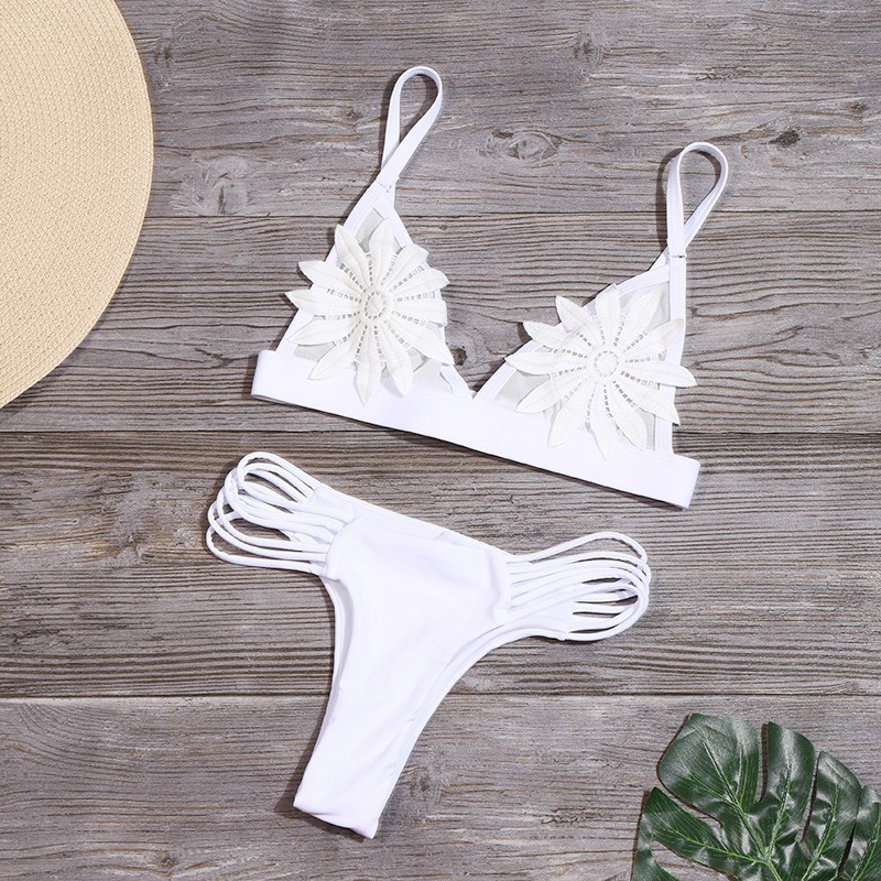 New White Sexy Lace Up Bathing Suit Women 2020 Fashion Flower Print Bikini Set Girls Solid Bikinis Swimsuit Low Waist Beachwear