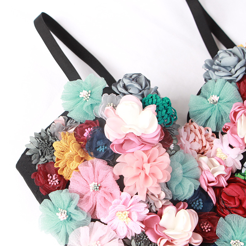 Women Colorful Flowers Appliques Bralette Multicolor Floral Embroidery with Adjustable Straps and Three-Dimensional Cups Fashion Crop Top