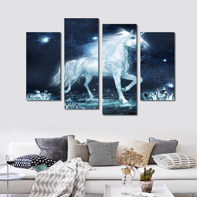4pcs/set Unframed White Unicorn Horse Fantasy HD Print On Canvas Wall Art Picture For Home and Living Room Decor