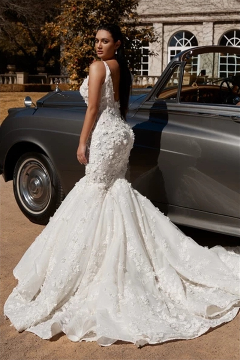 Berta 2020 Arabic Mermaid Wedding Dresses V Neck Backless Lace Appliqued Beaded Bridal Gowns Robe De Mariée
