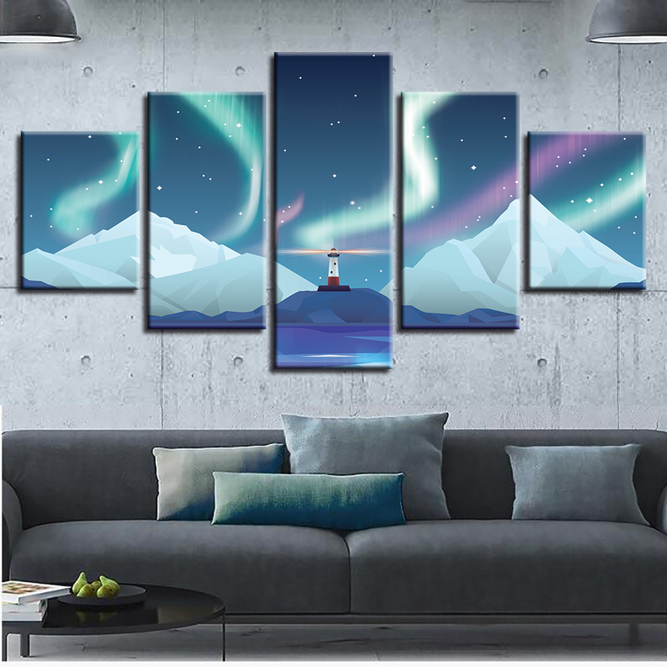 Wall Art Canvas HD Prints Pictures 5 Pieces Iceland Lighthouse Aurora Scenery Poster Anime Abstract Paintings Home Decor(No Frame)